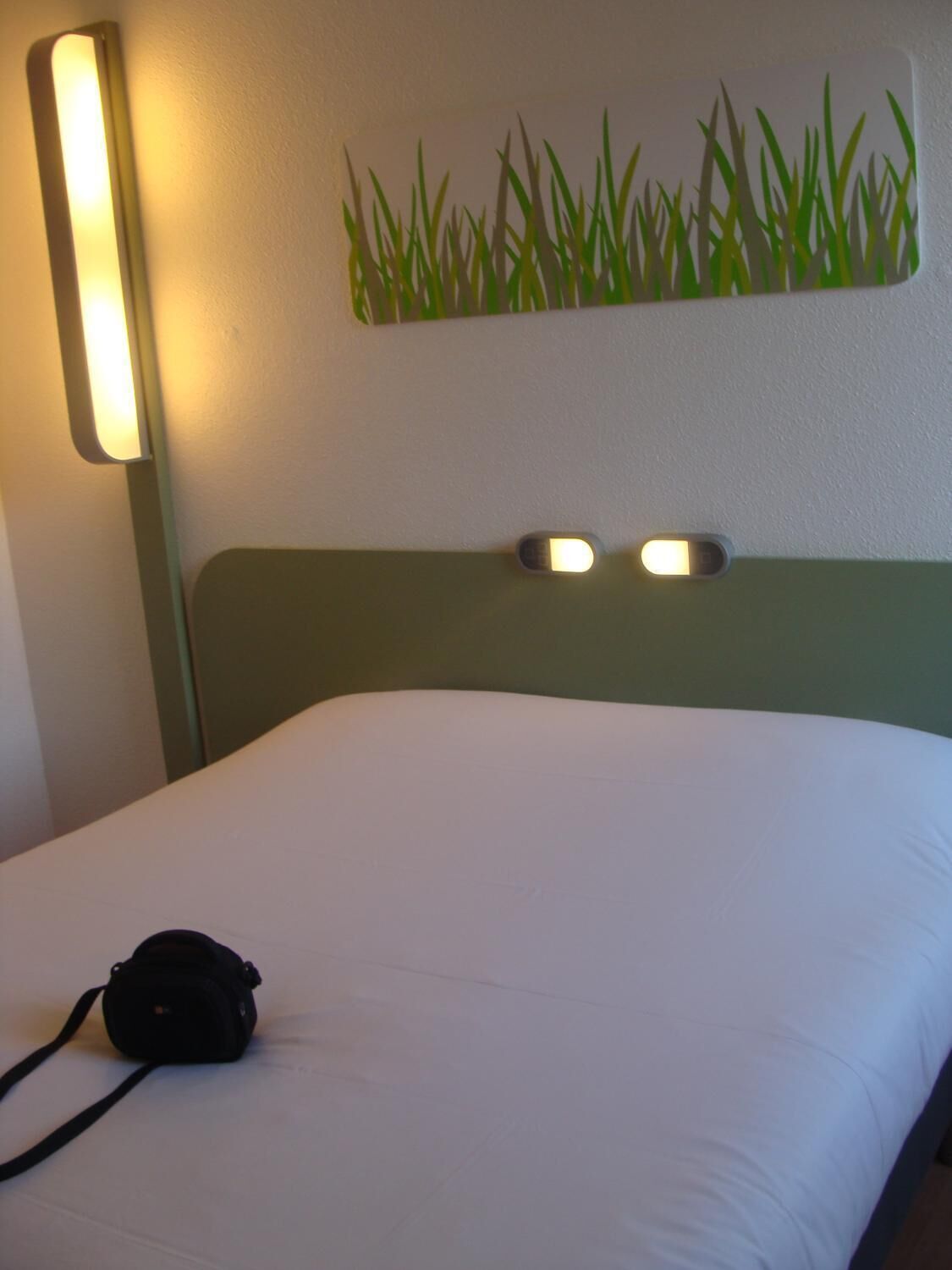 A hotel room with a bed, a headboard, a wall-mounted light, and a small wall decoration.