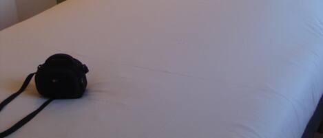 A hotel room with a bed, a headboard, a wall-mounted light, and a small wall decoration.