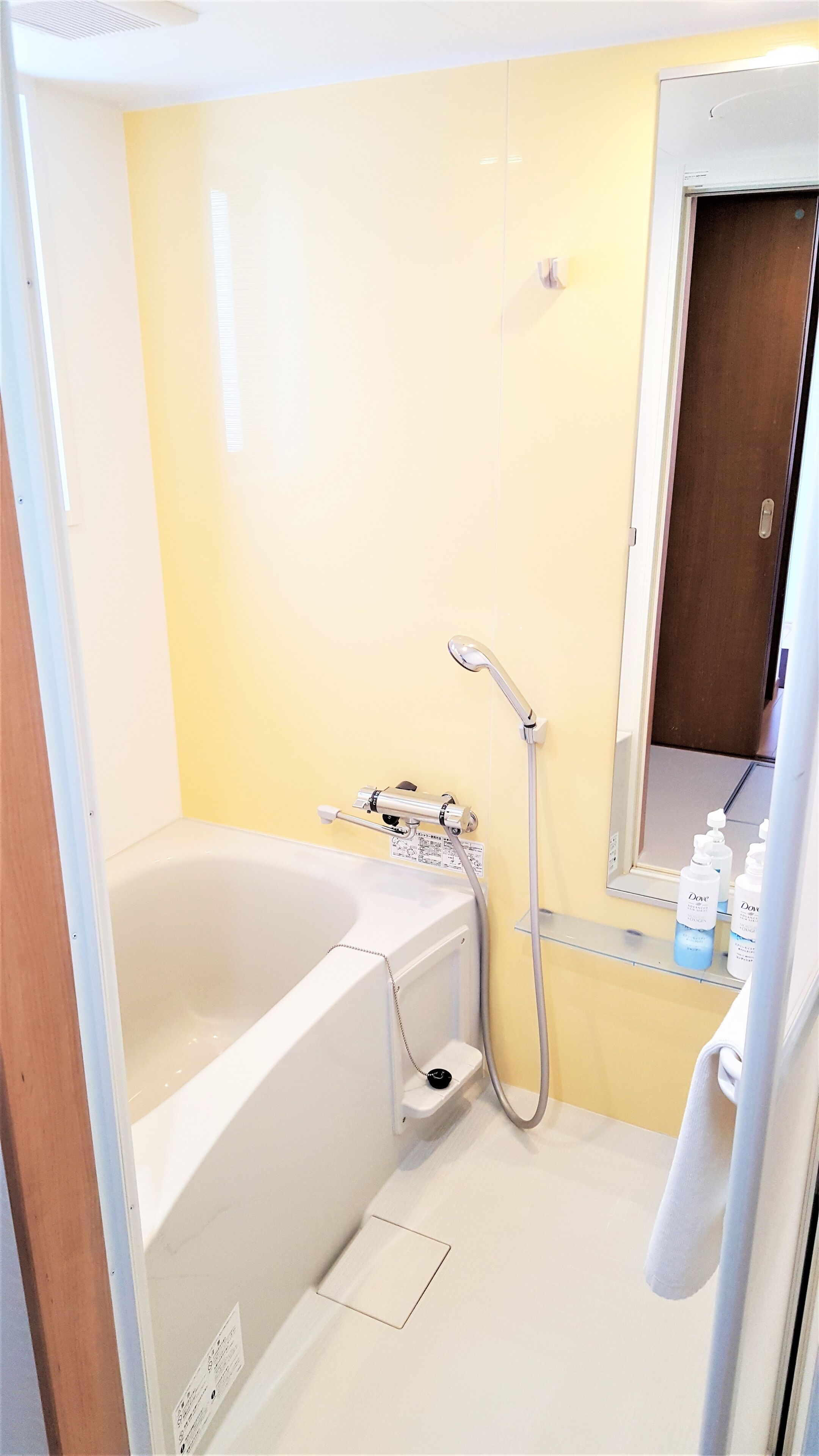 A small bathroom with a bathtub, a shower, and a mirror.