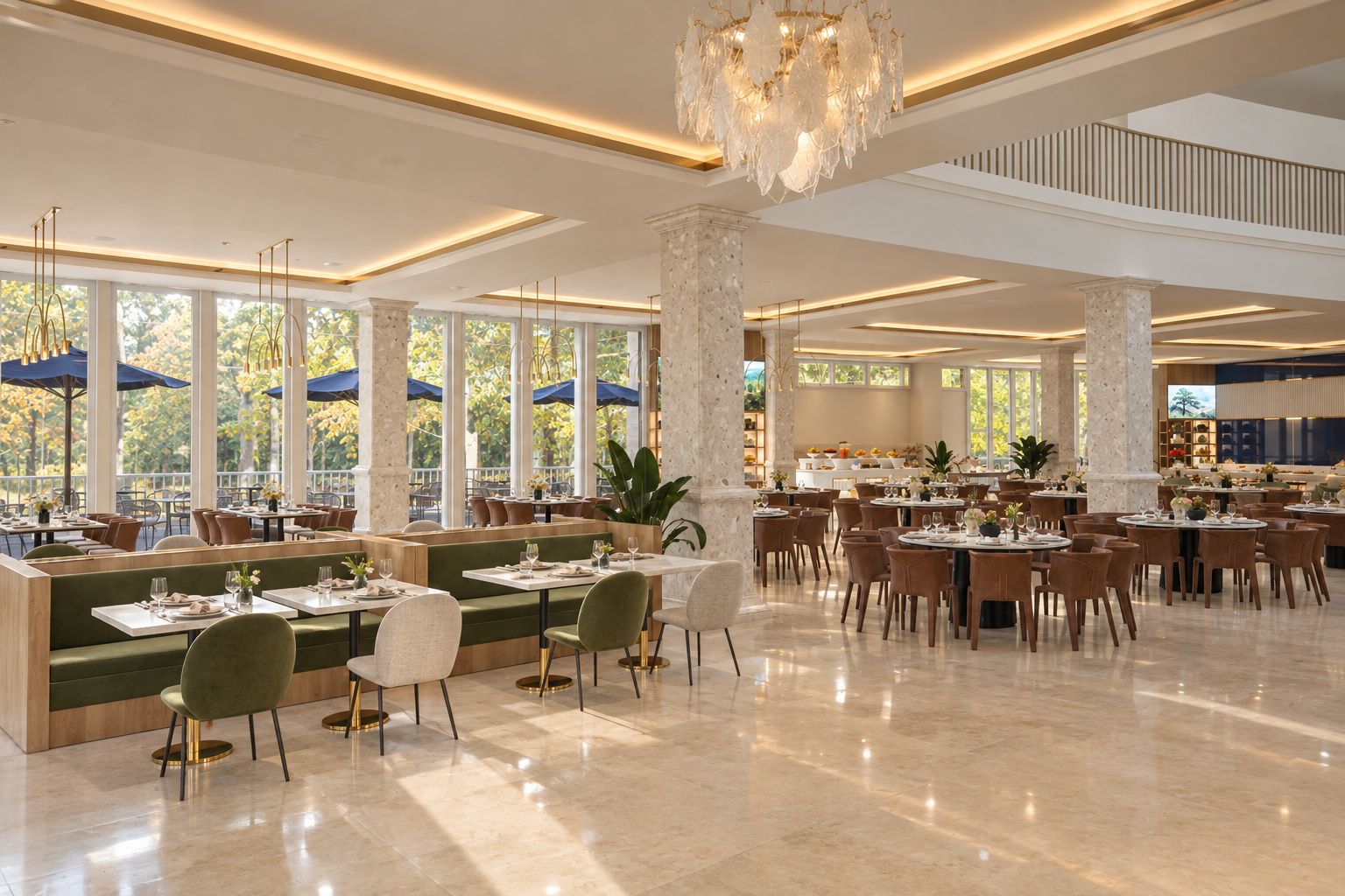 A spacious restaurant with high ceilings, large windows, and a variety of seating arrangements including booths and tables.