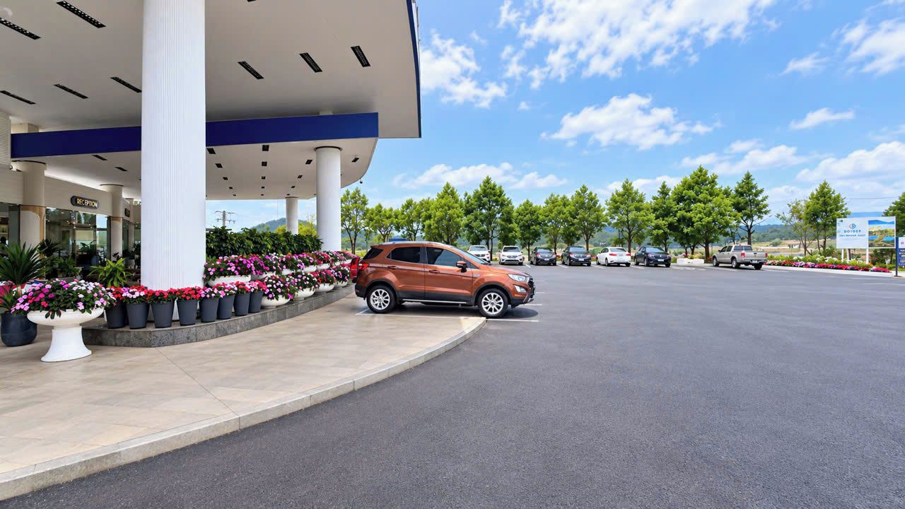 A gas station with a car parked in the foreground, a row of potted plants, and a clear sky.