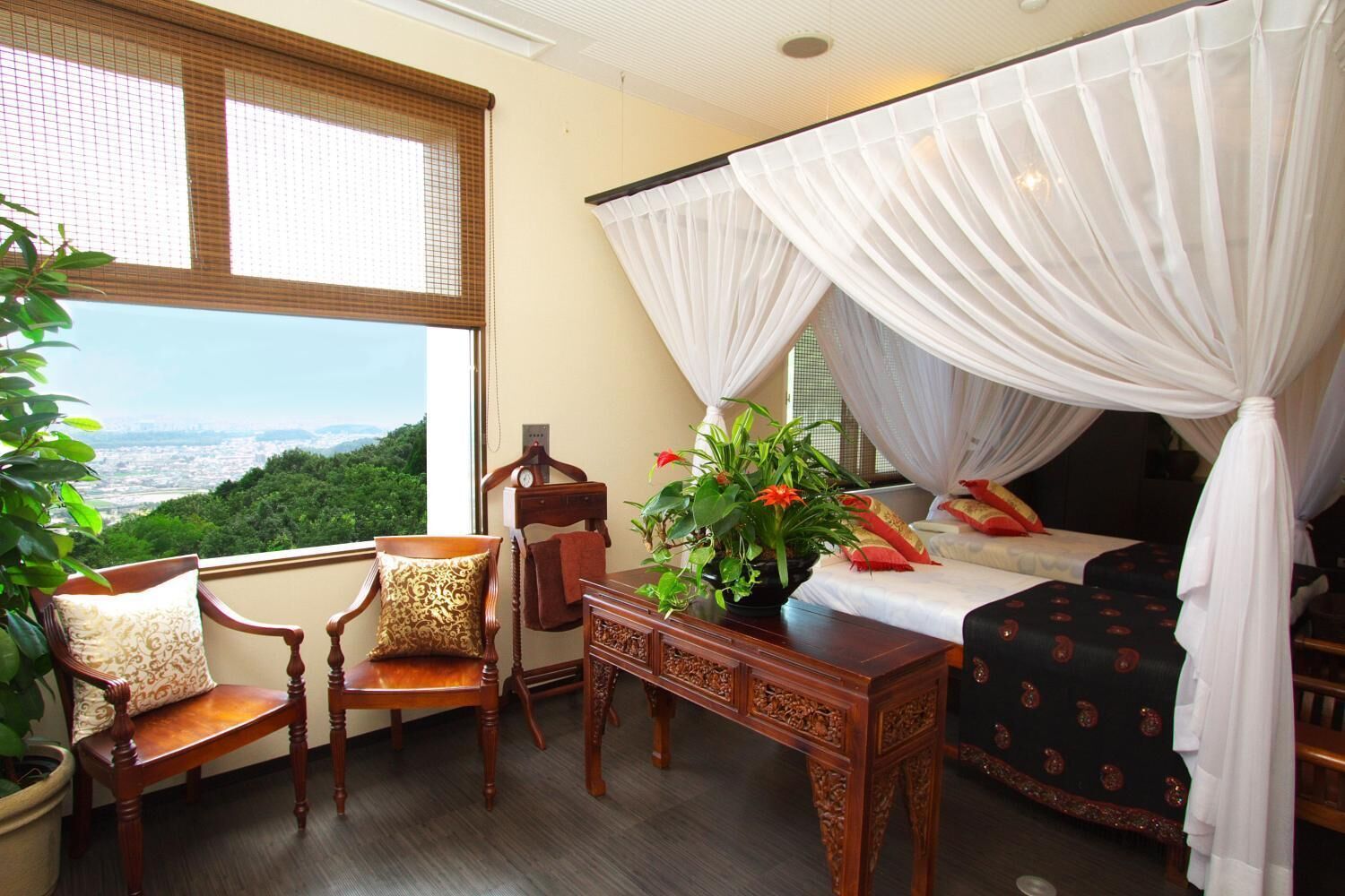 A room with a bed under a white canopy, a wooden table with a plant, two chairs, and a view of the city through a window with a brown blind.