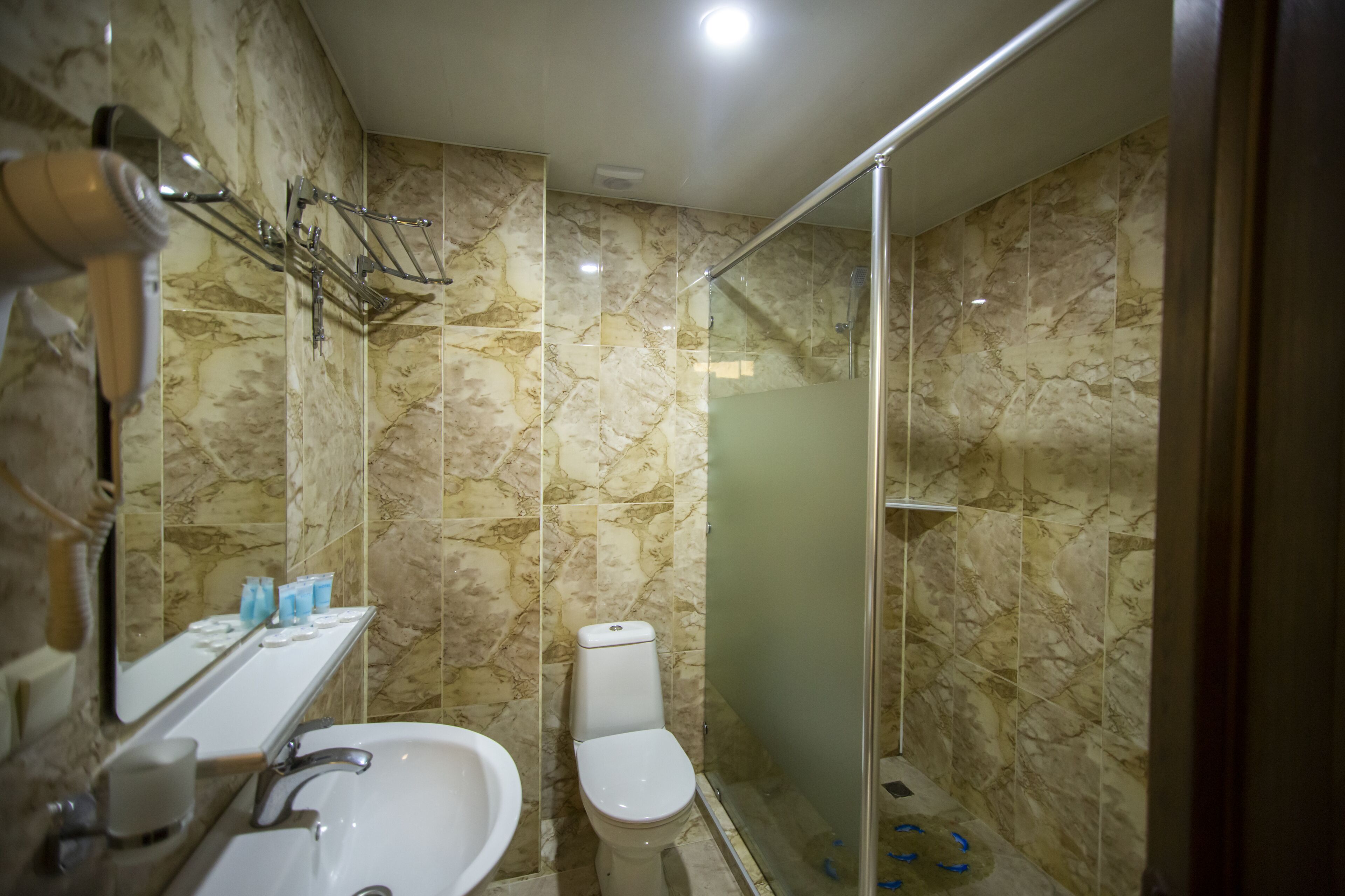 Ein Badezimmer mit Marmorwand, einer Duschkabine aus Glas, einem weißen Waschbecken und einer Toilette.