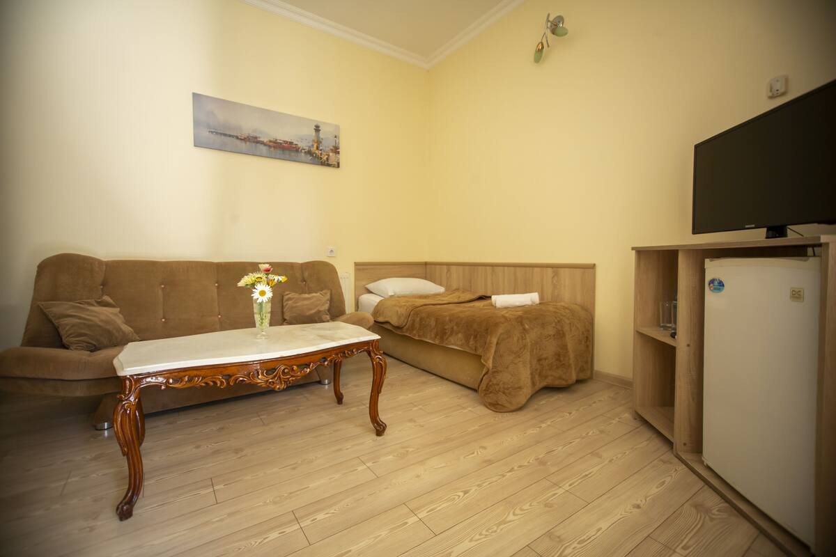 A living room with a sofa, a coffee table, a bed, and a TV.