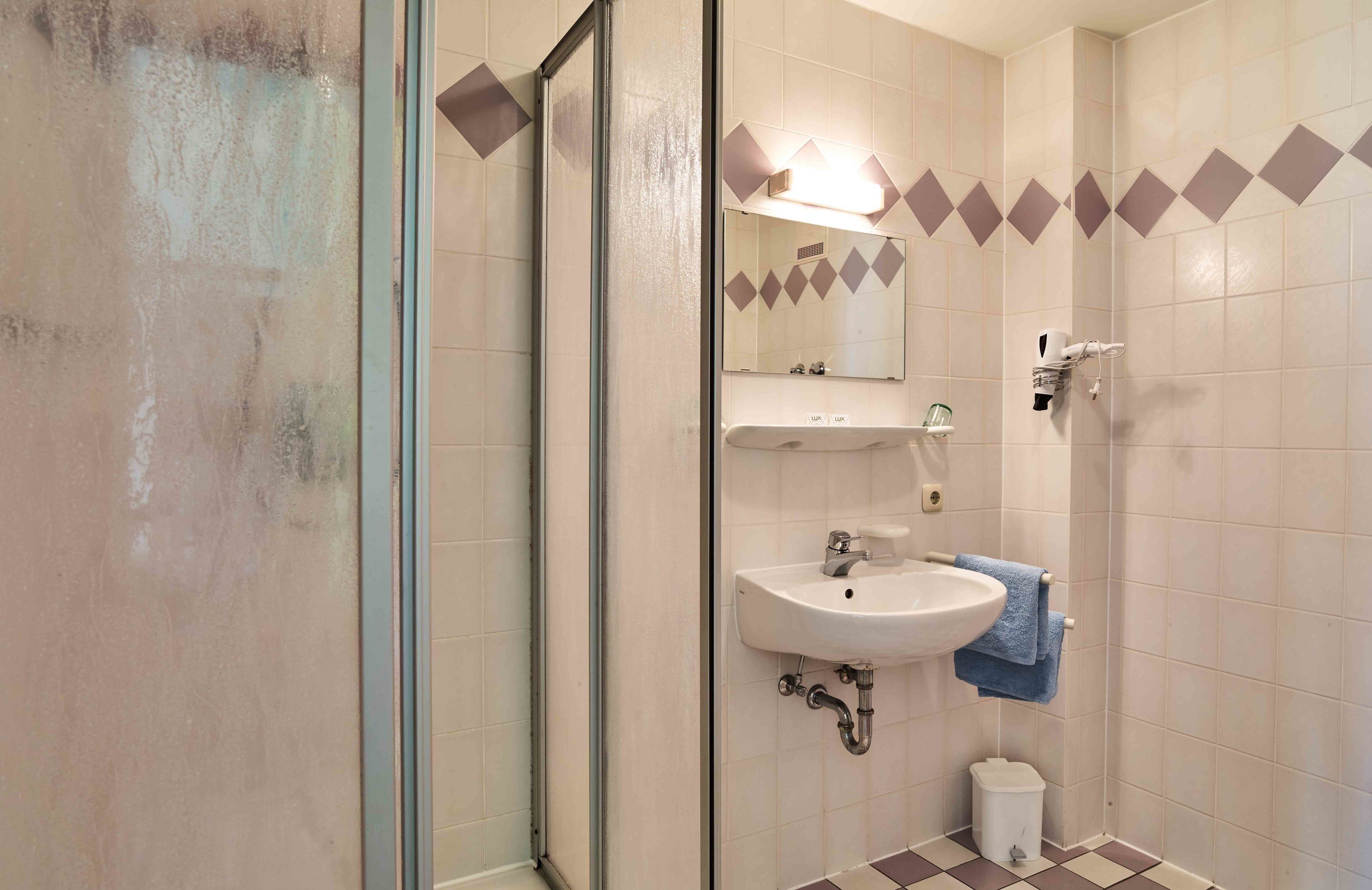 standard double room | bathroom | shower, hair dryer, towels