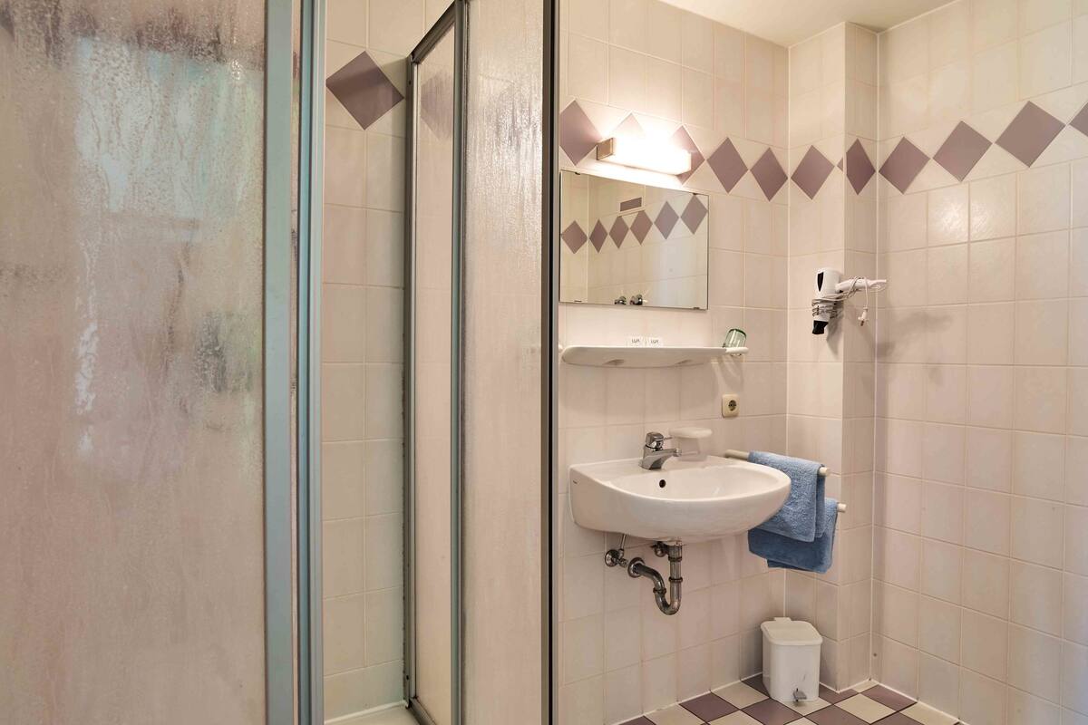standard double room | bathroom | shower, hair dryer, towels