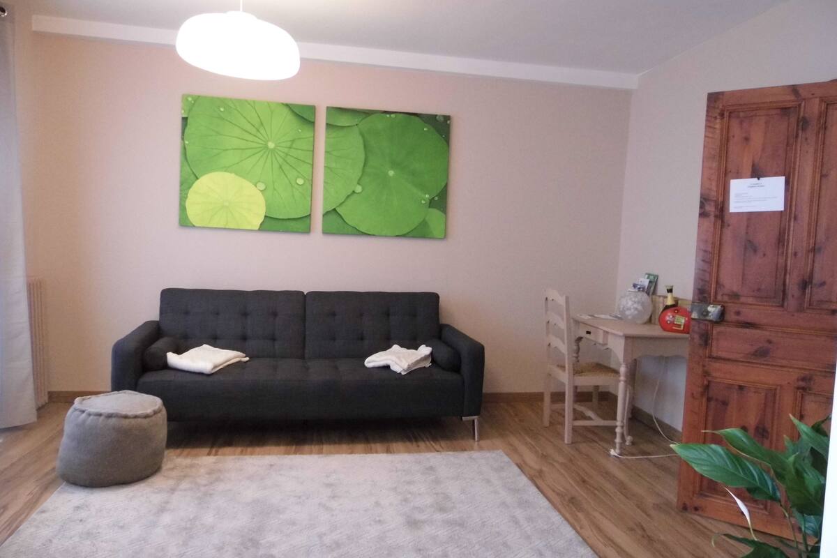 A living room with a dark grey sofa, a round ottoman, a light grey rug, a wooden door, and a green leaf artwork on the wall.