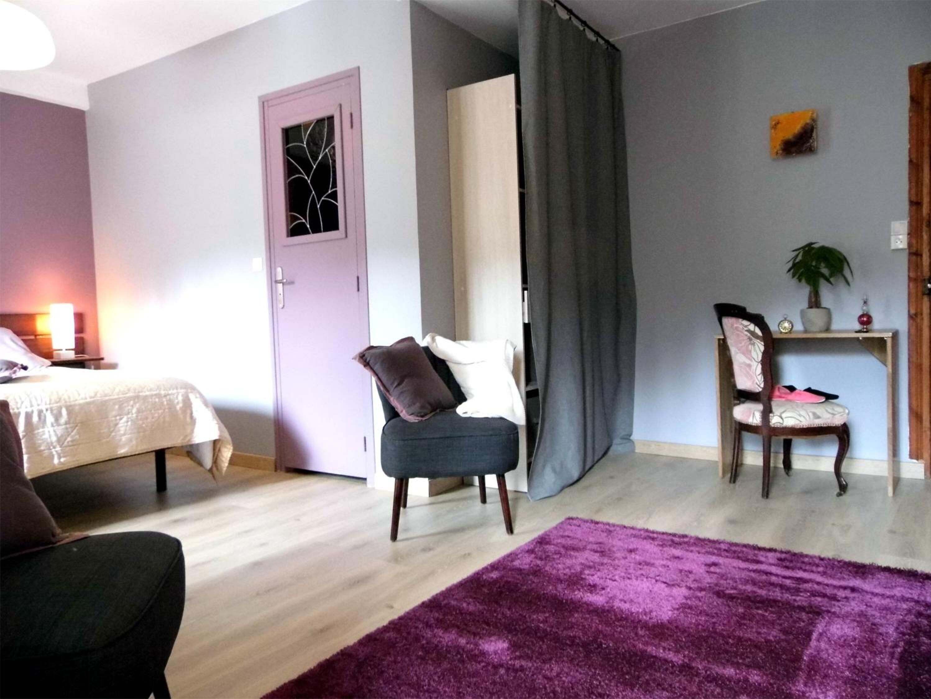 Une pièce comprenant un lit, une chaise, un bureau avec une plante et un tapis violet.