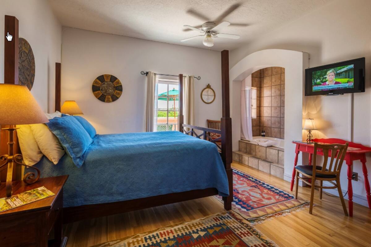 A bedroom with a bed, a desk, a chair, a television, a ceiling fan, and a window with a view of greenery.