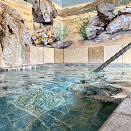 A clear indoor pool with a rock wall mural and a stone border.