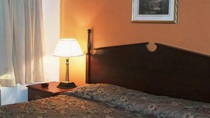 A hotel room with a bed, a bedside lamp, a framed picture on the wall, and a window with curtains. - A Victory Inn East Dearborn (Detroit)