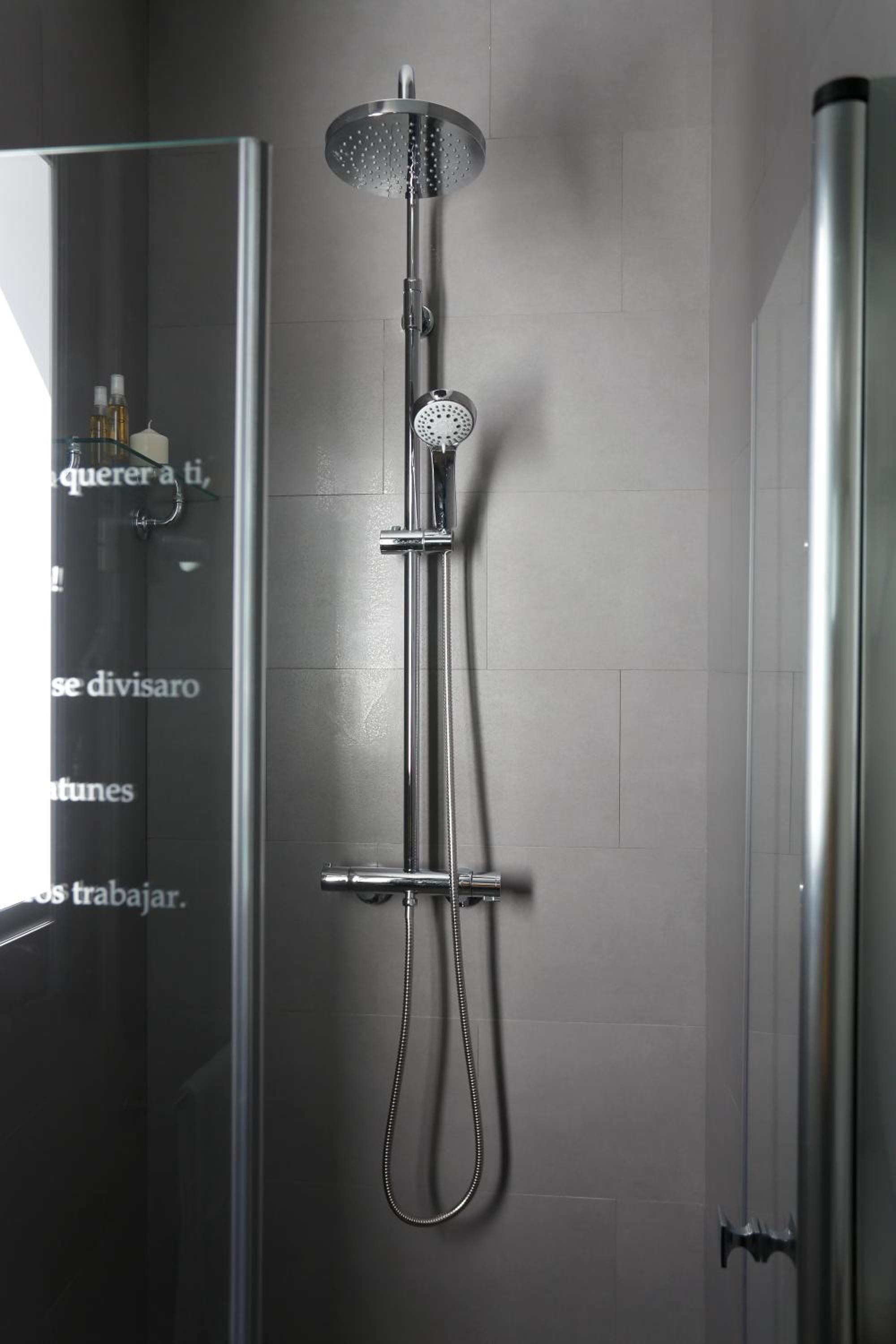 A modern shower with a handheld showerhead and a fixed rain showerhead.