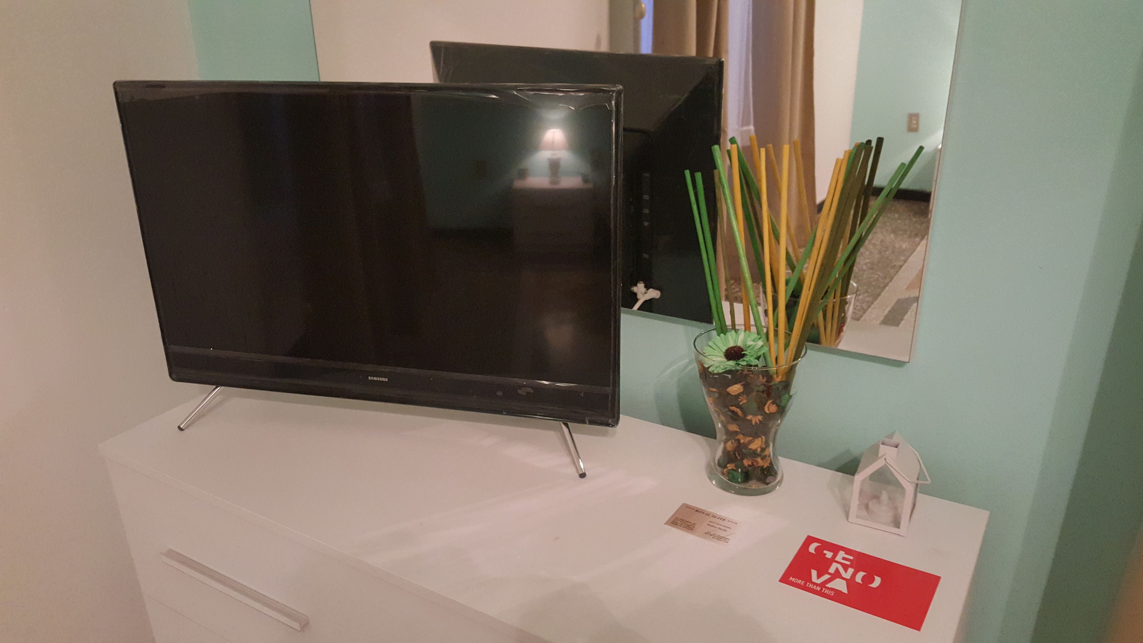 Ein Flachbildfernseher auf einem weißen Schrank, eine Vase mit grünen und gelben Stielen, und ein kleines rotes Schild mit weißer Schrift.