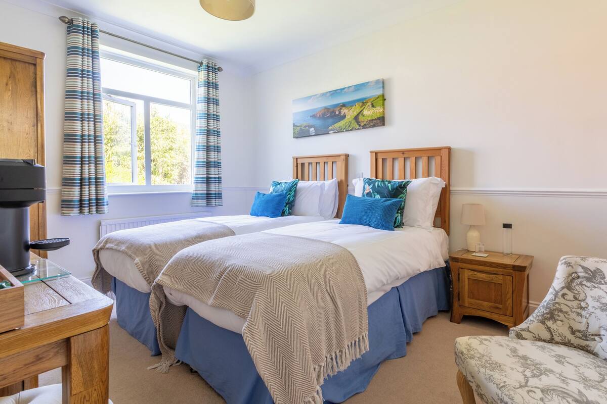 A double bed with blue and white bedding, a wooden headboard, and a painting of a coastal landscape.