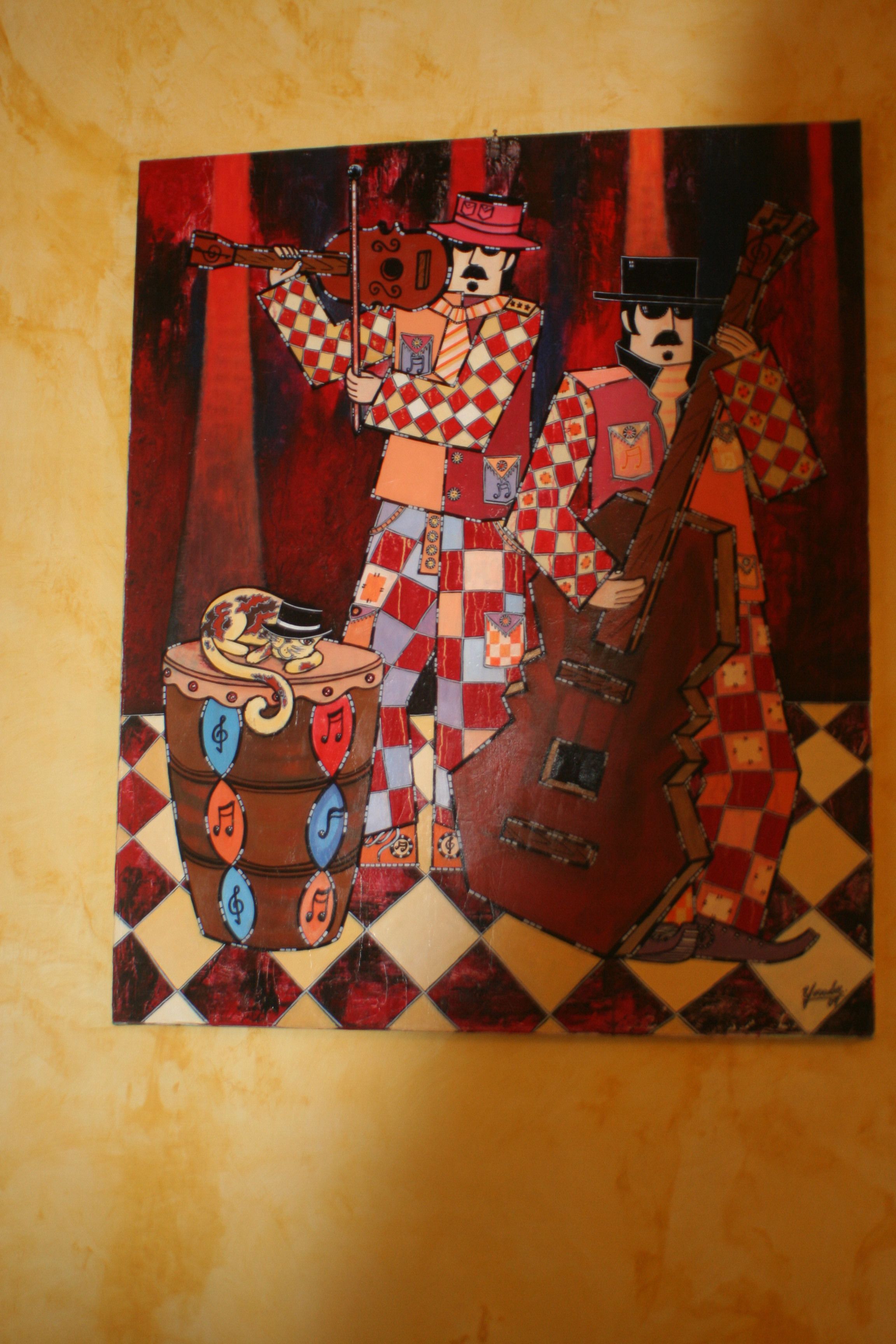 A painting of musicians with a drum and a guitar.