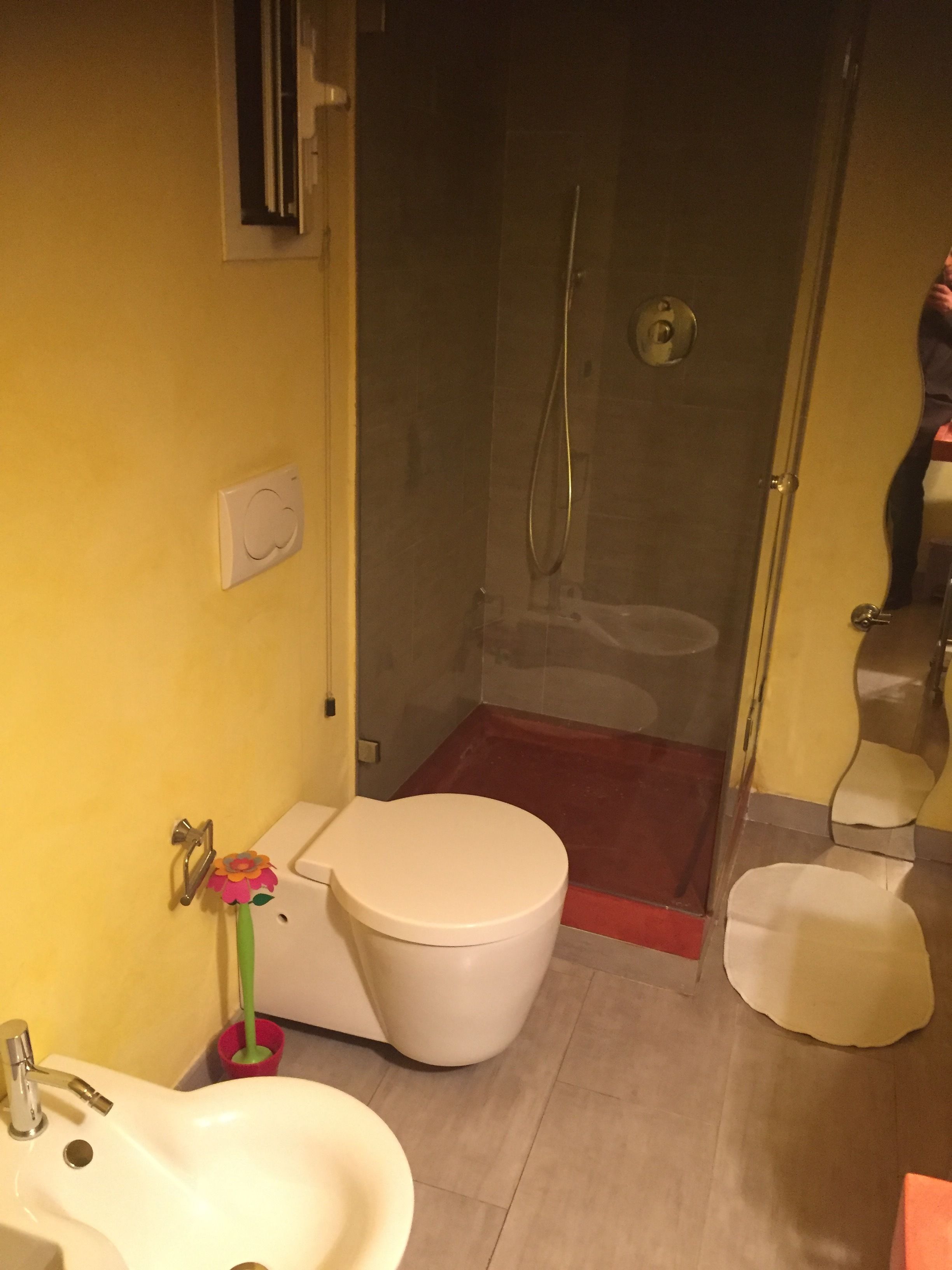 A bathroom with a toilet, sink, shower, and a small rug.
