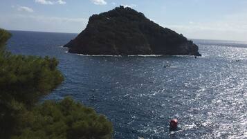Blick auf die Küste mit einer kleinen Insel und blauem, klarem Meer.