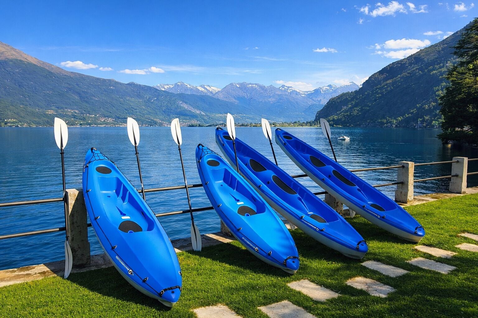 A row of blue kayaks with paddles leaning against a railing by a lake with mountains in the background.