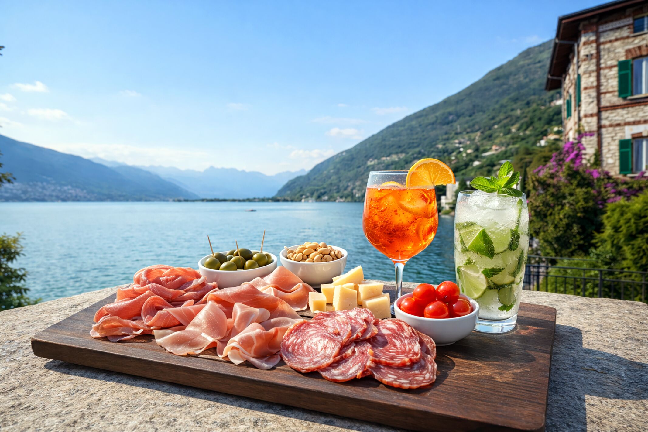 A charcuterie board with various meats, cheeses, olives, and tomatoes, accompanied by two drinks, set against a scenic lake view with mountains in the background.