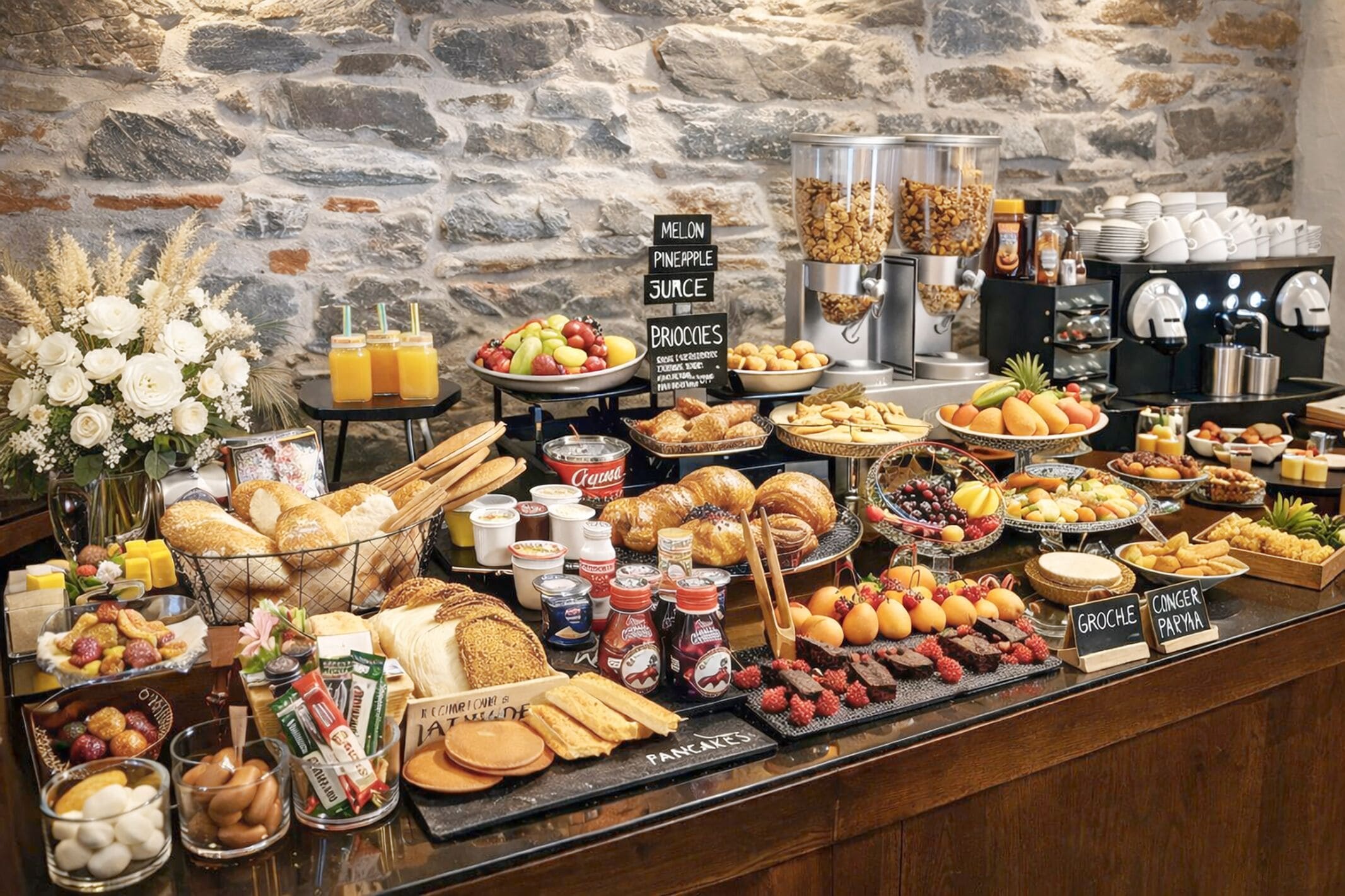 Un bufé de desayuno con diversos alimentos y bebidas, como frutas, pasteles y café.