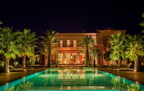 Outdoor pool, pool umbrellas, pool loungers