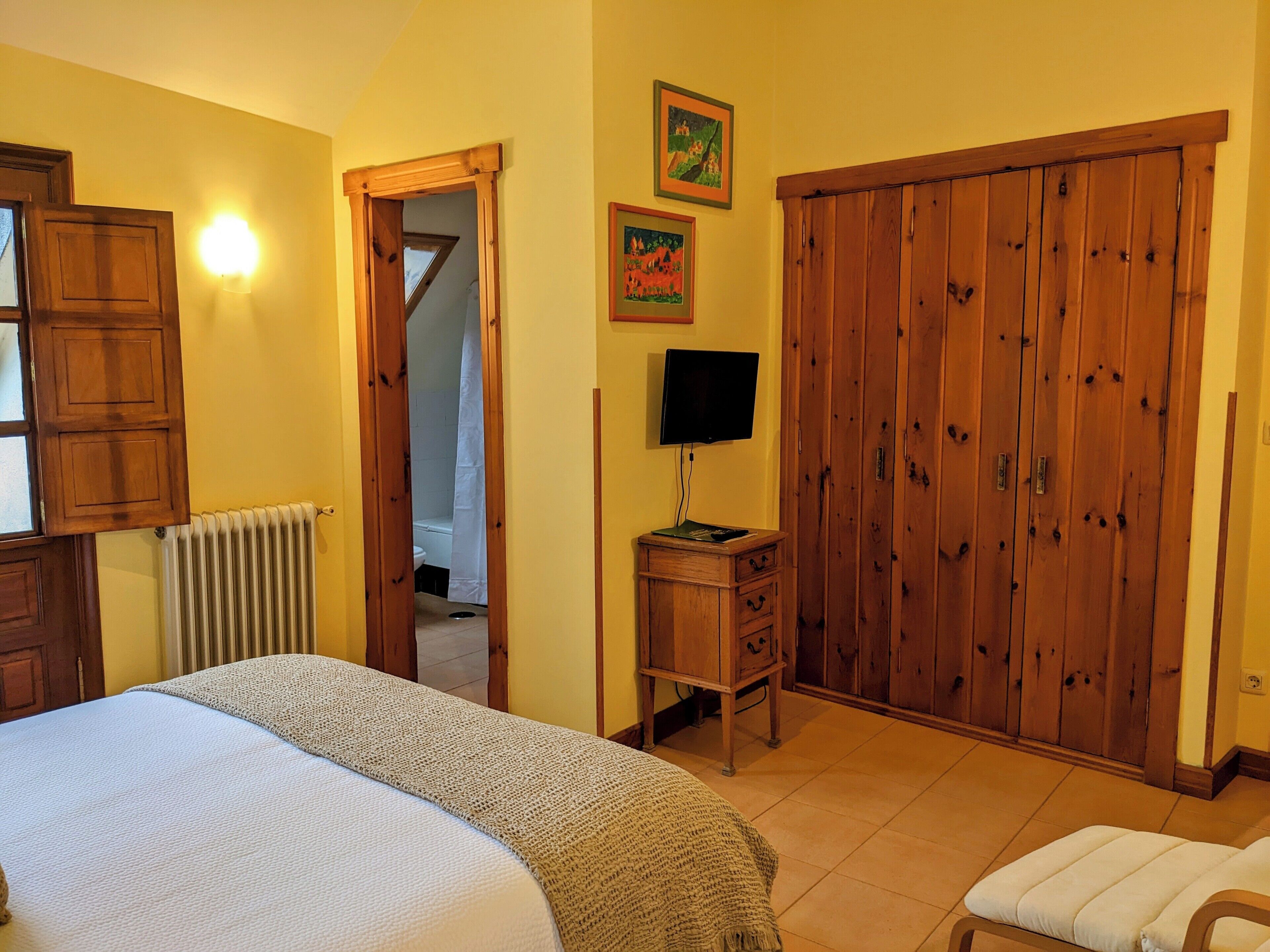A bedroom with a bed, a wooden wardrobe, a small wooden dresser, a television, and a radiator.