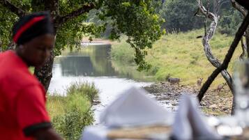 A river with a bridge, surrounded by greenery.