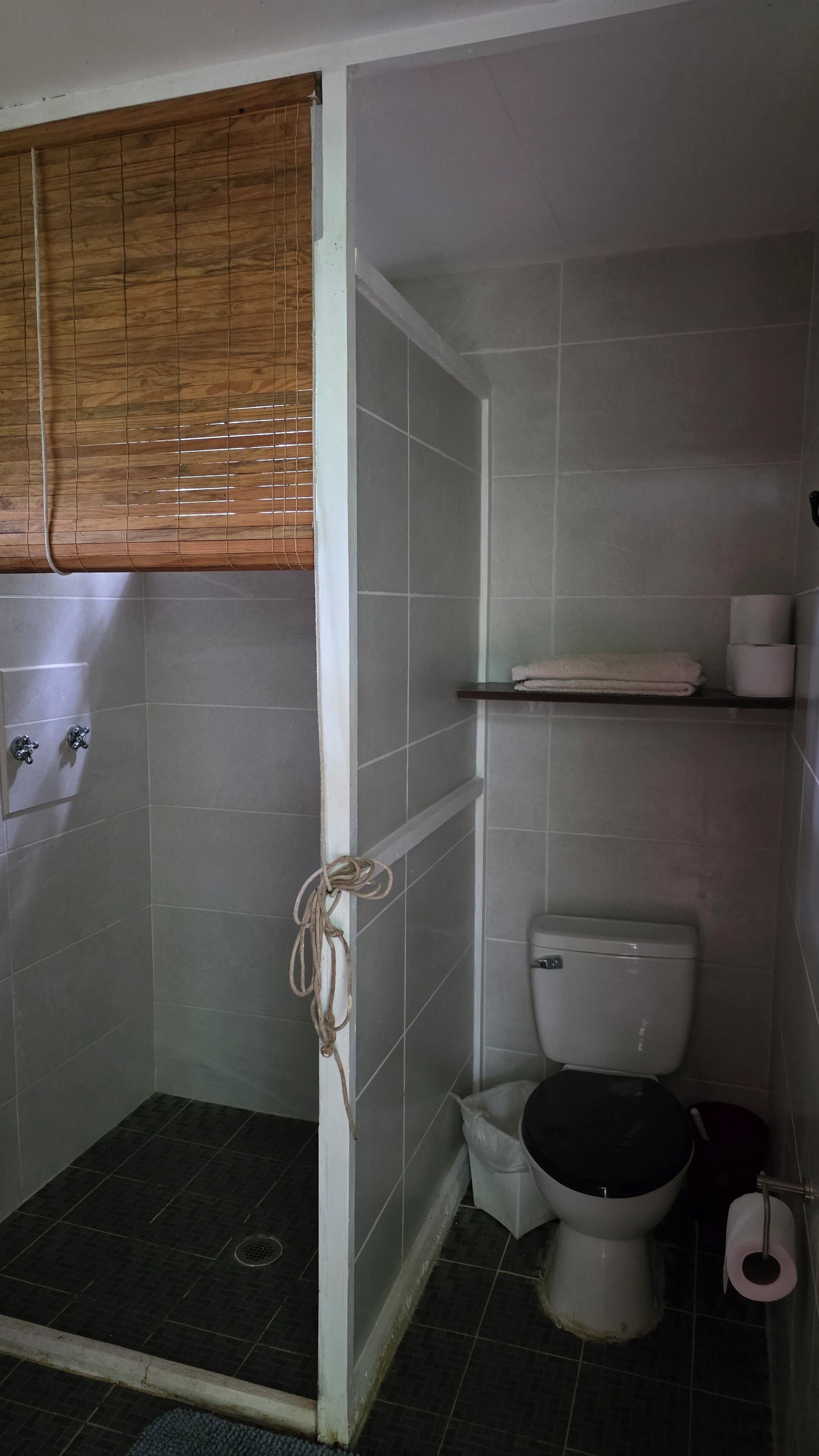 Un baño con ducha, inodoro y un estante con toallas.