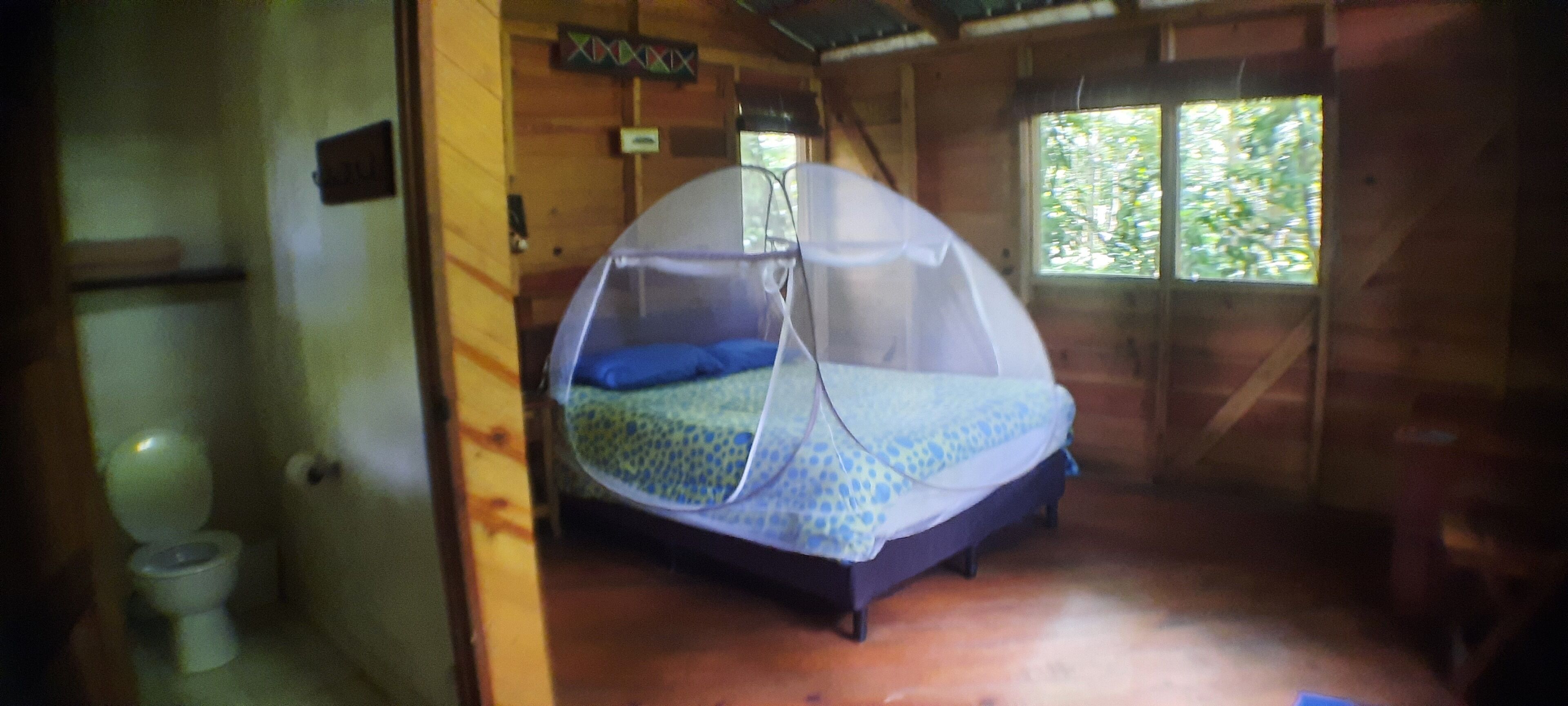 Une petite pièce agréable, avec un lit recouvert d’une moustiquaire, une fenêtre donnant sur les arbres et un plancher en bois.