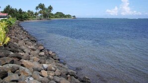 Cena costeira com um litoral rochoso, águas azuis cristalinas e uma ilha distante com vegetação e um edifício de telhado vermelho.