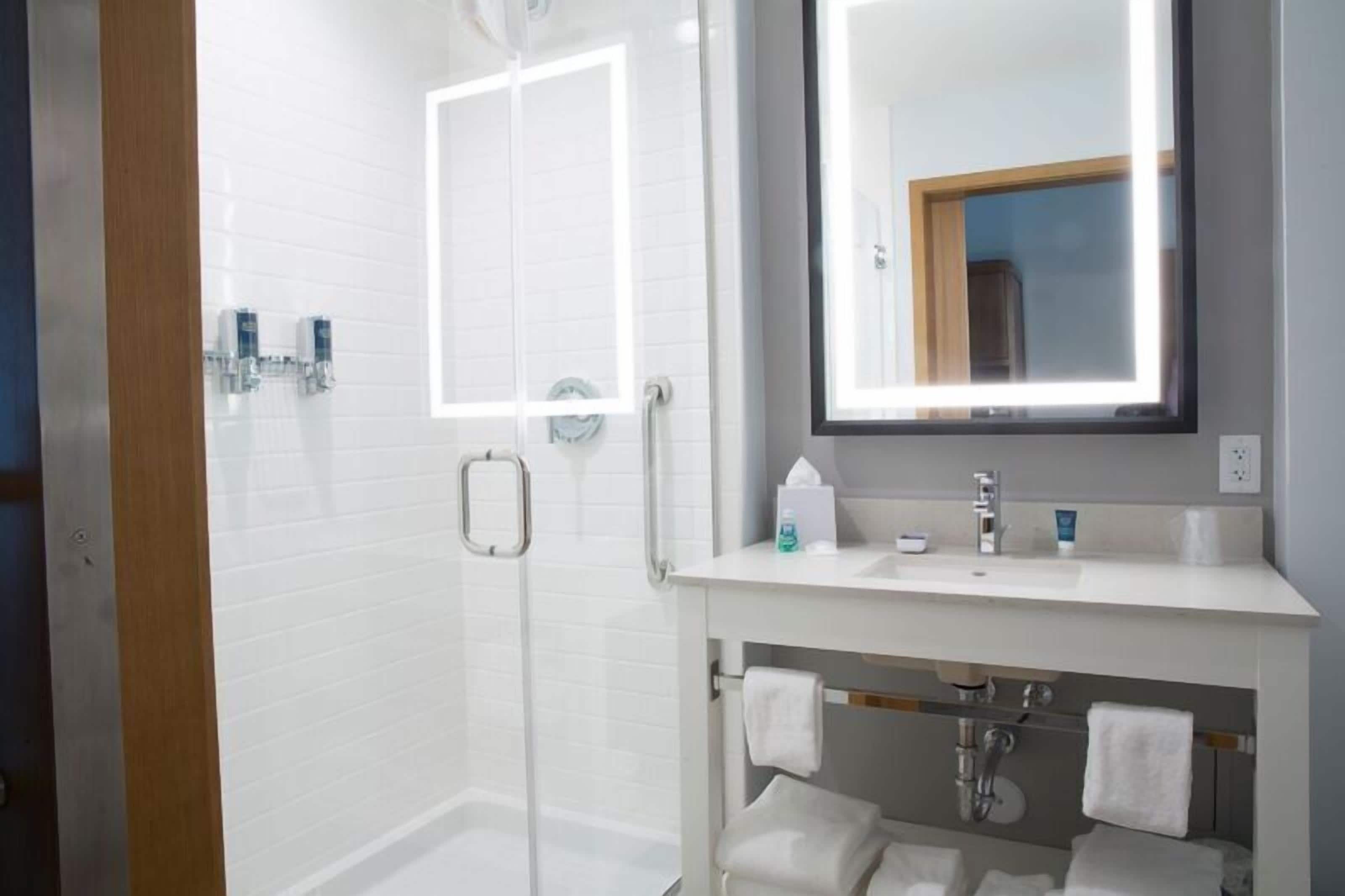 hair dryer, towels, soap, shampoo