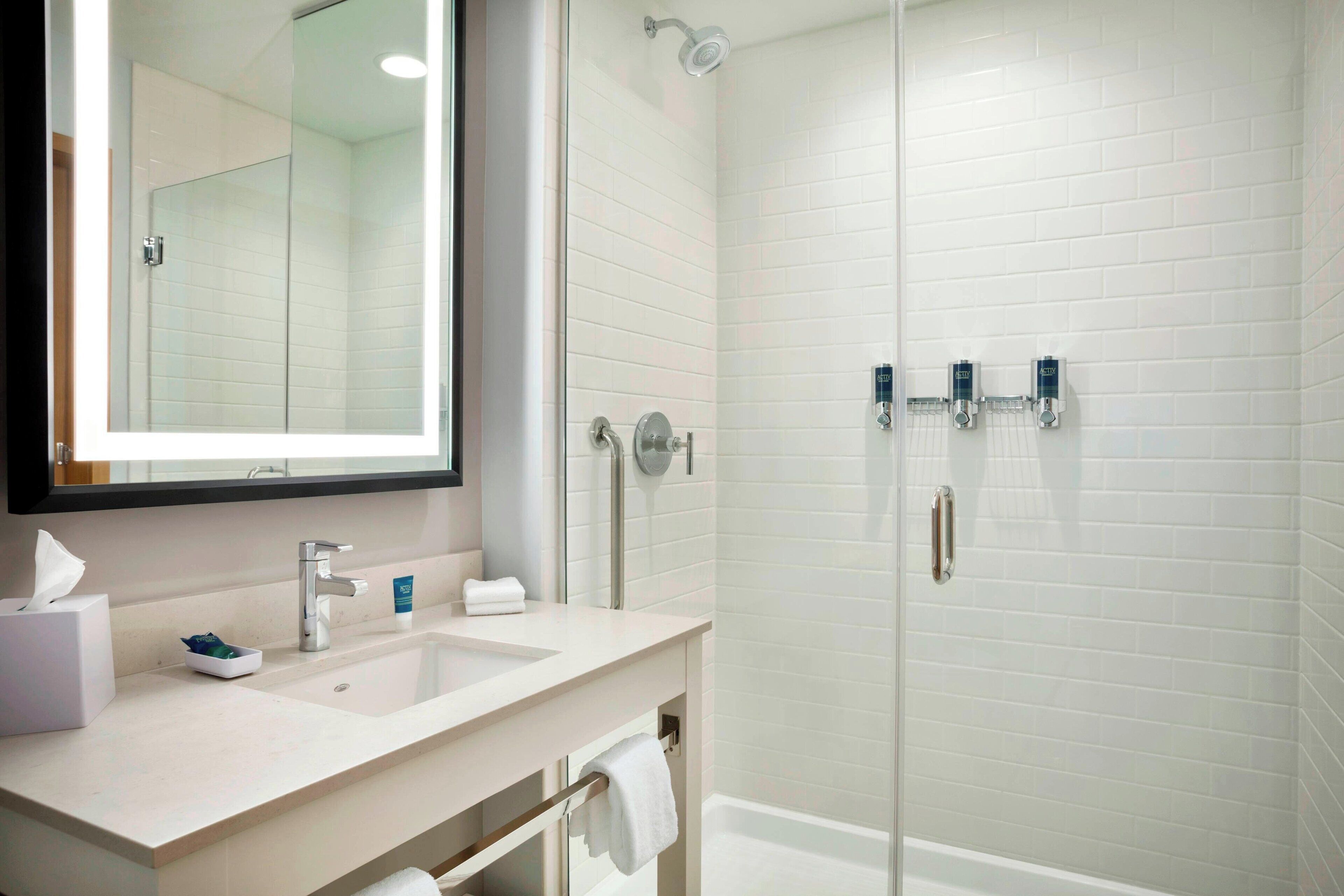 hair dryer, towels, soap, shampoo