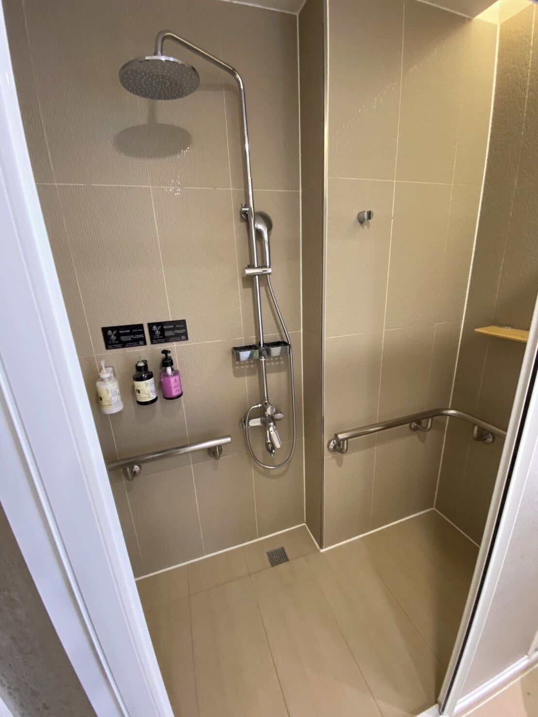 A modern shower with a handheld showerhead and a wall-mounted rain showerhead, a handrail, and a small shelf with toiletries.