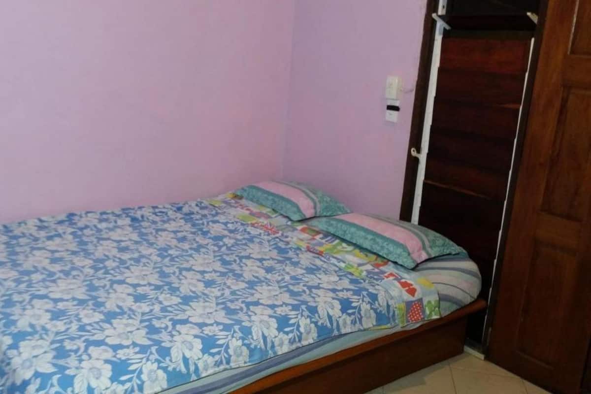 A small bedroom with a single bed, a wooden door, and a pink wall.