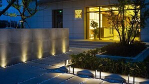 A modern building exterior with a well-lit entrance, steps leading up to the door, and a small garden area with plants.
