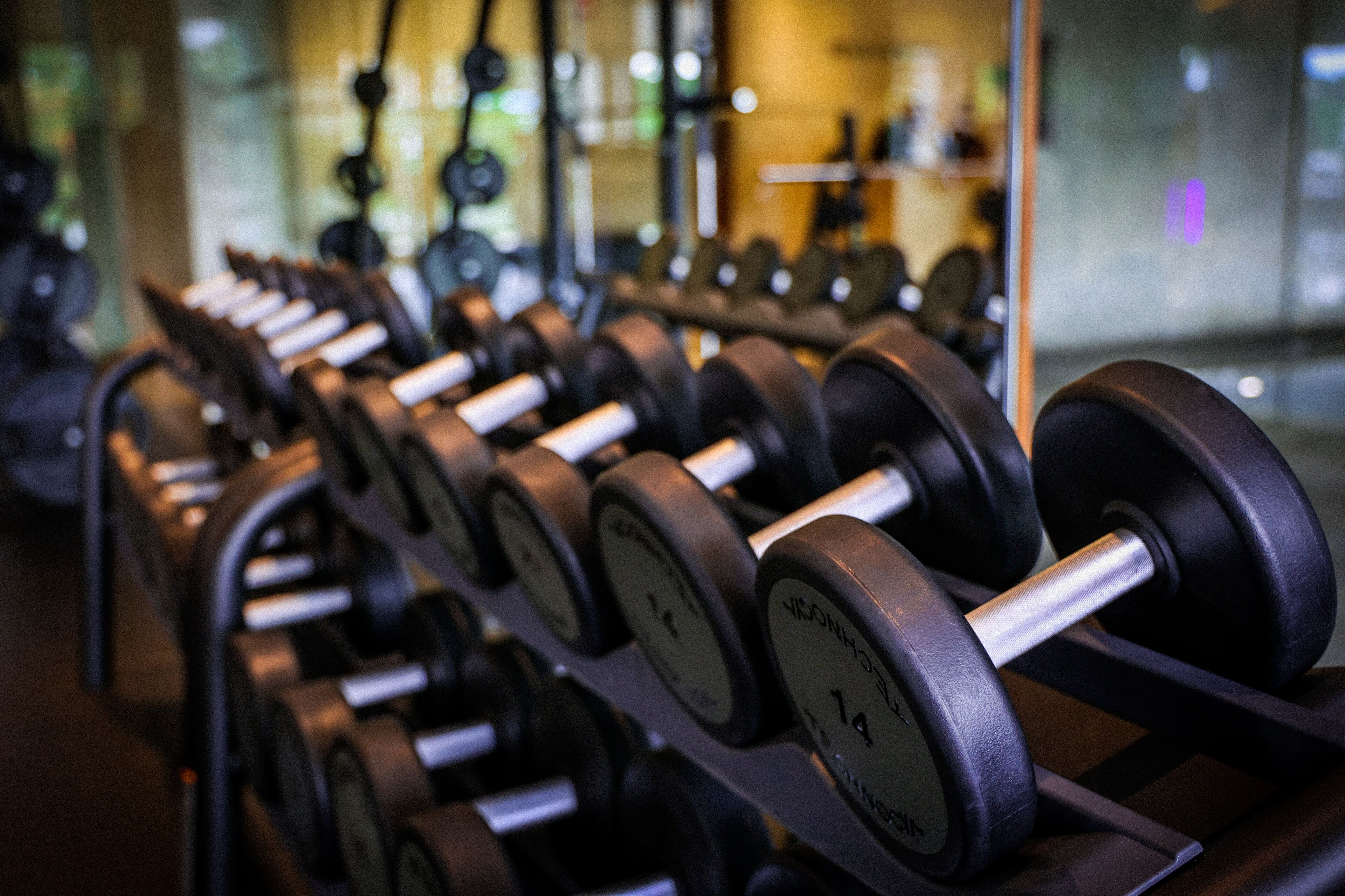 A rack of dumbbells with weight labels.