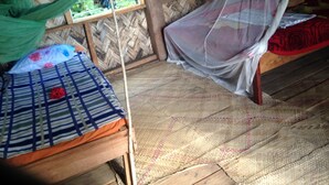 Una habitación con una cama cubierta por una mosquitera, un tapiz tejido en el suelo y una ventana con vistas a la vegetación.