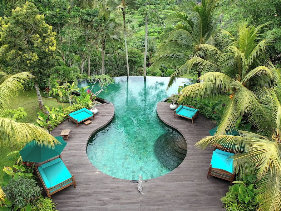 Outdoor pool, pool umbrellas, pool loungers