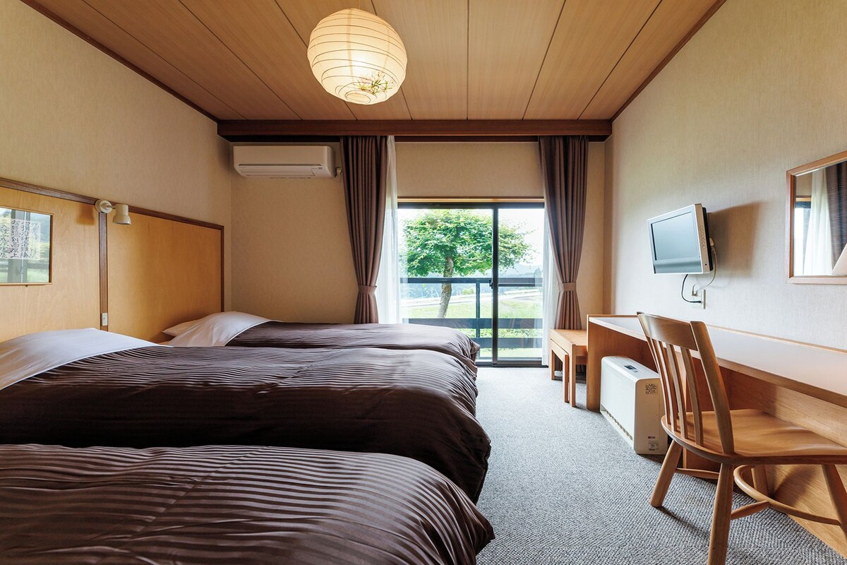 Habitación de hotel con dos camas, un escritorio, una silla, un televisor y una ventana con vista a zonas verdes.