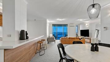 Luxury Apartment, 3 Bedrooms, River View, Executive Level | Living area | 55-inch flat-screen TV with digital channels, TV, DVD player