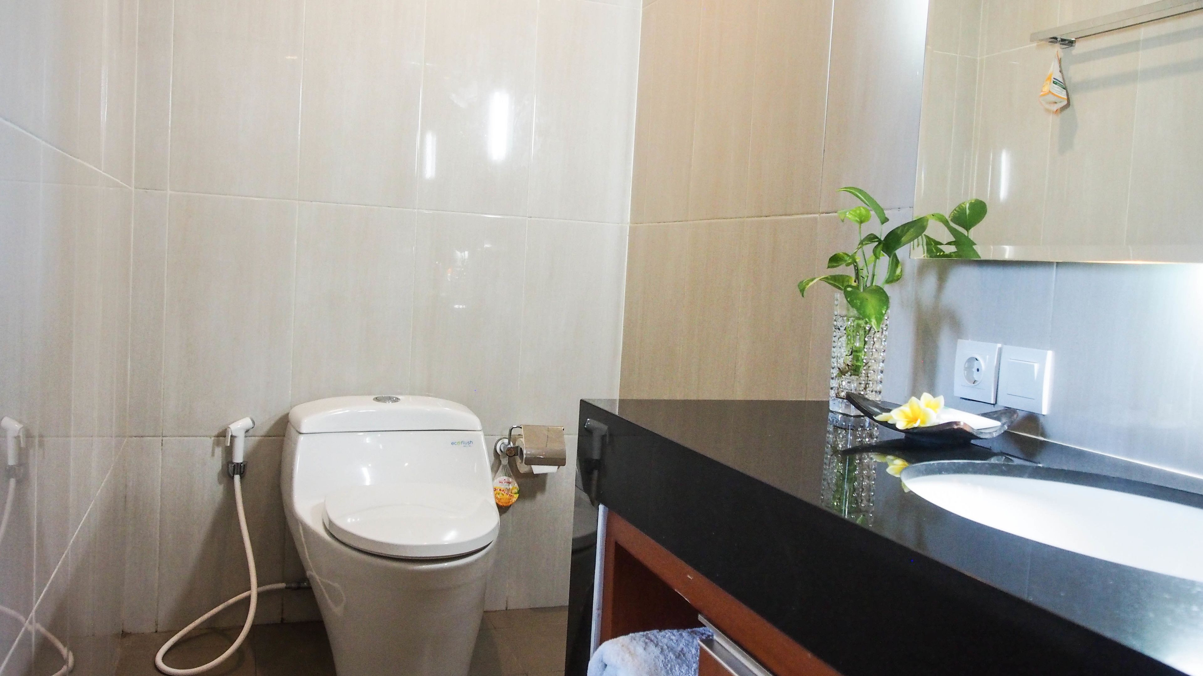 A bathroom with a toilet, a sink, and a mirror.