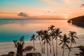 Una playa con palmeras y un atardecer sobre el océano.