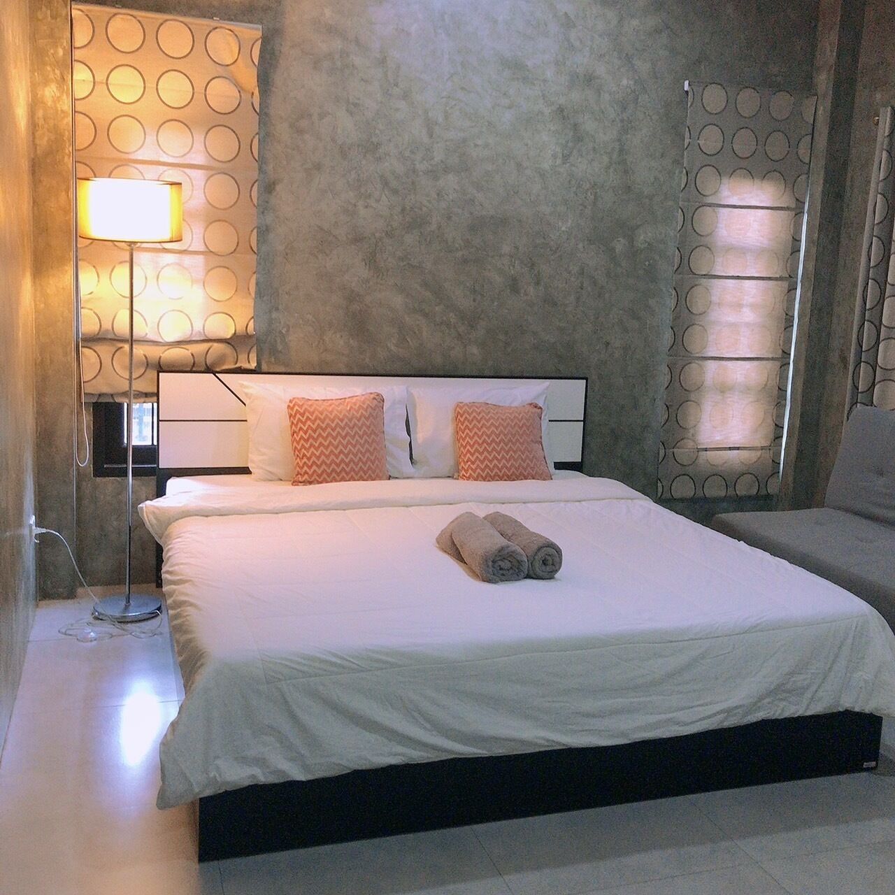 Premium bedding, desk, laptop workspace, blackout curtains