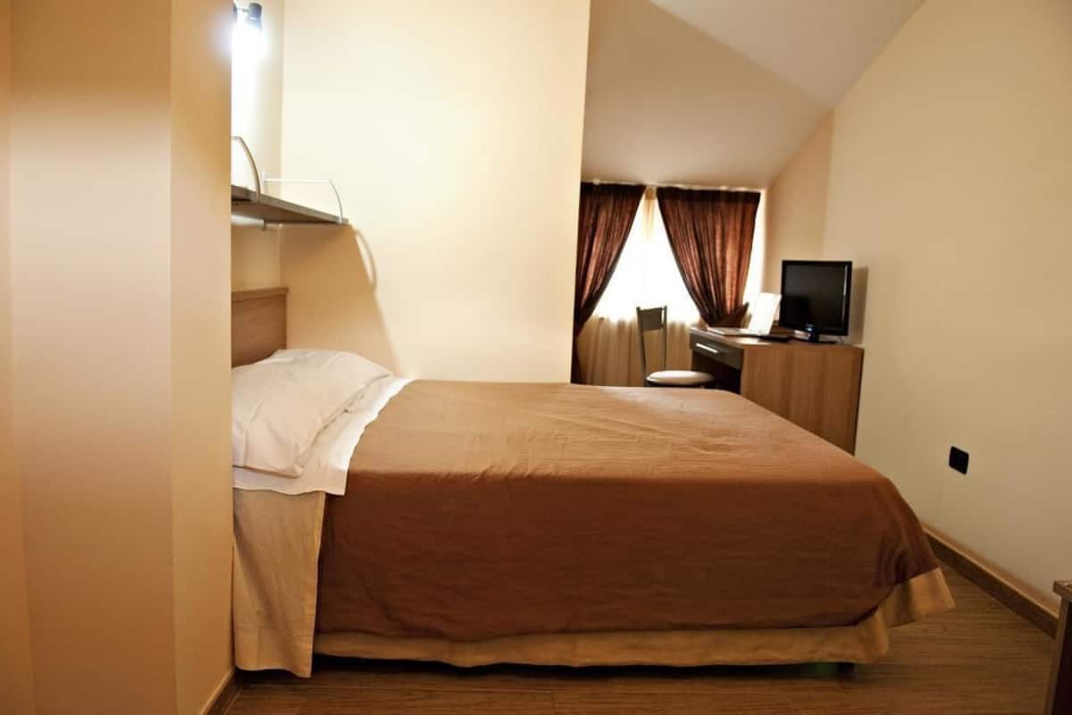 A single bed with a brown bedspread, a bedside table with a lamp, a television, and a window with curtains.