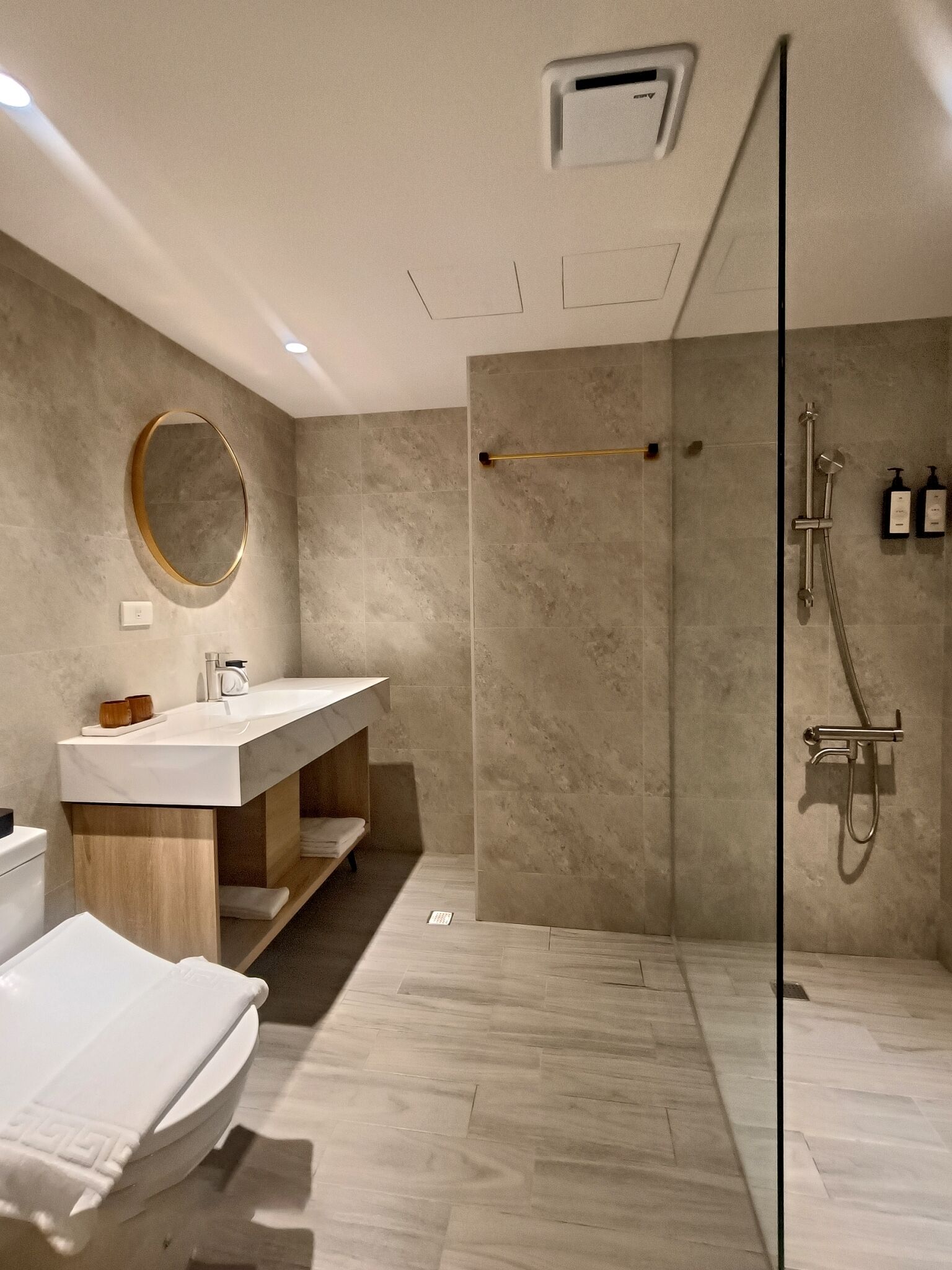 A modern bathroom with a vanity, a large mirror, a shower with a handheld showerhead, and a toilet.