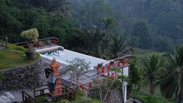 A modern outdoor terrace with a pool, surrounded by lush greenery and palm trees.