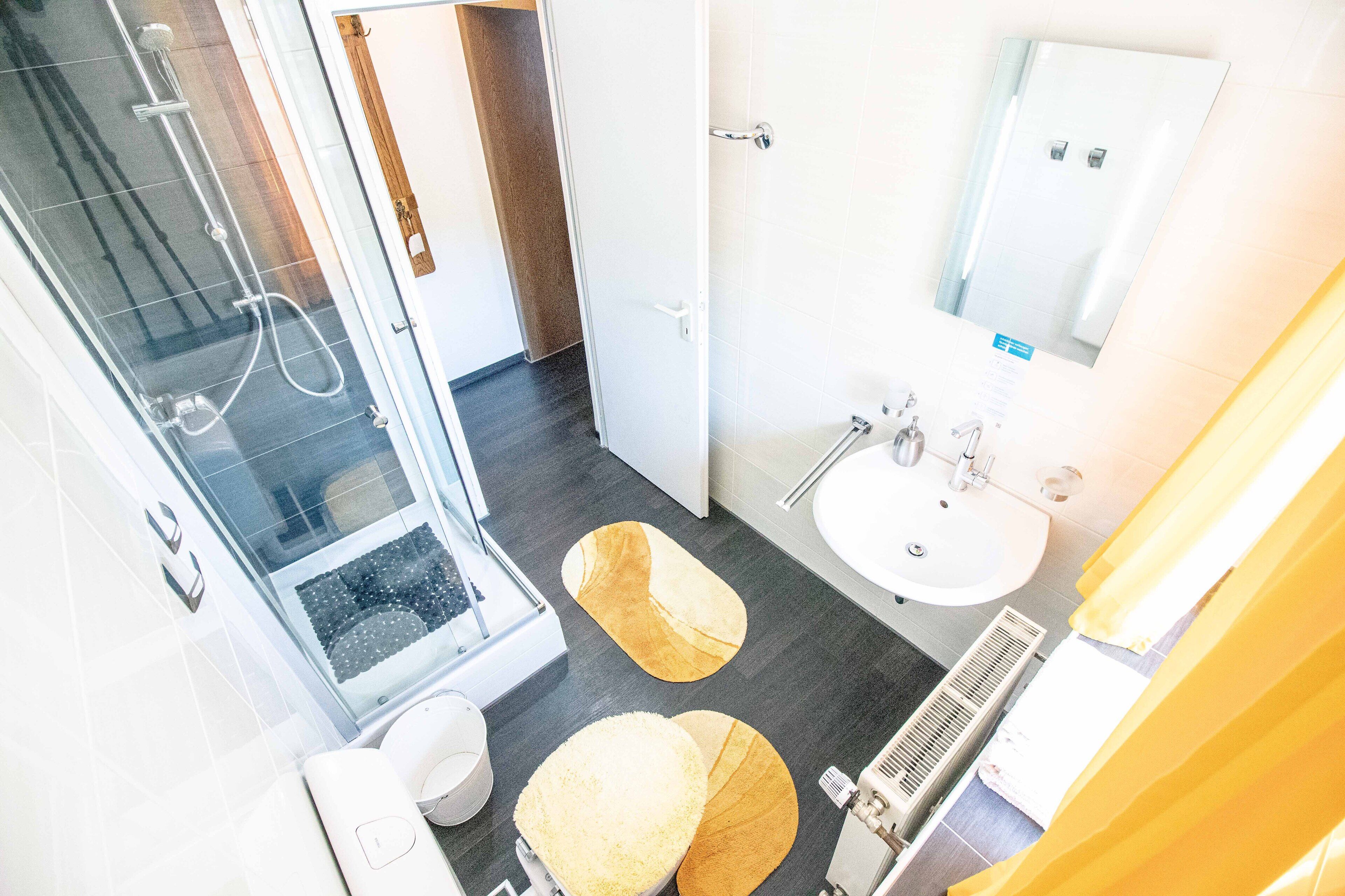 A modern bathroom with a glass shower enclosure, a white sink, and a mirror above it.