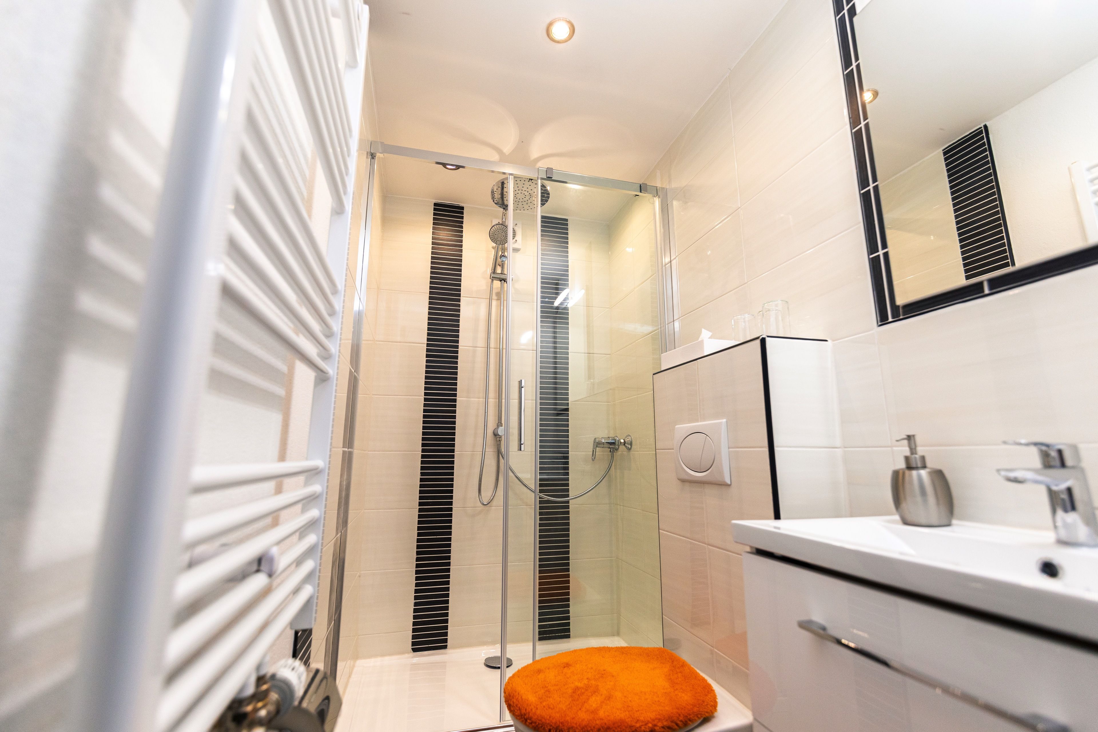 A modern bathroom with a glass-enclosed shower, a white sink, and a mirror above the sink.