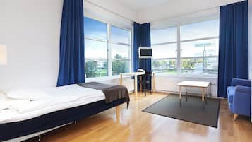 1 bedroom, desk, blackout curtains, iron/ironing board