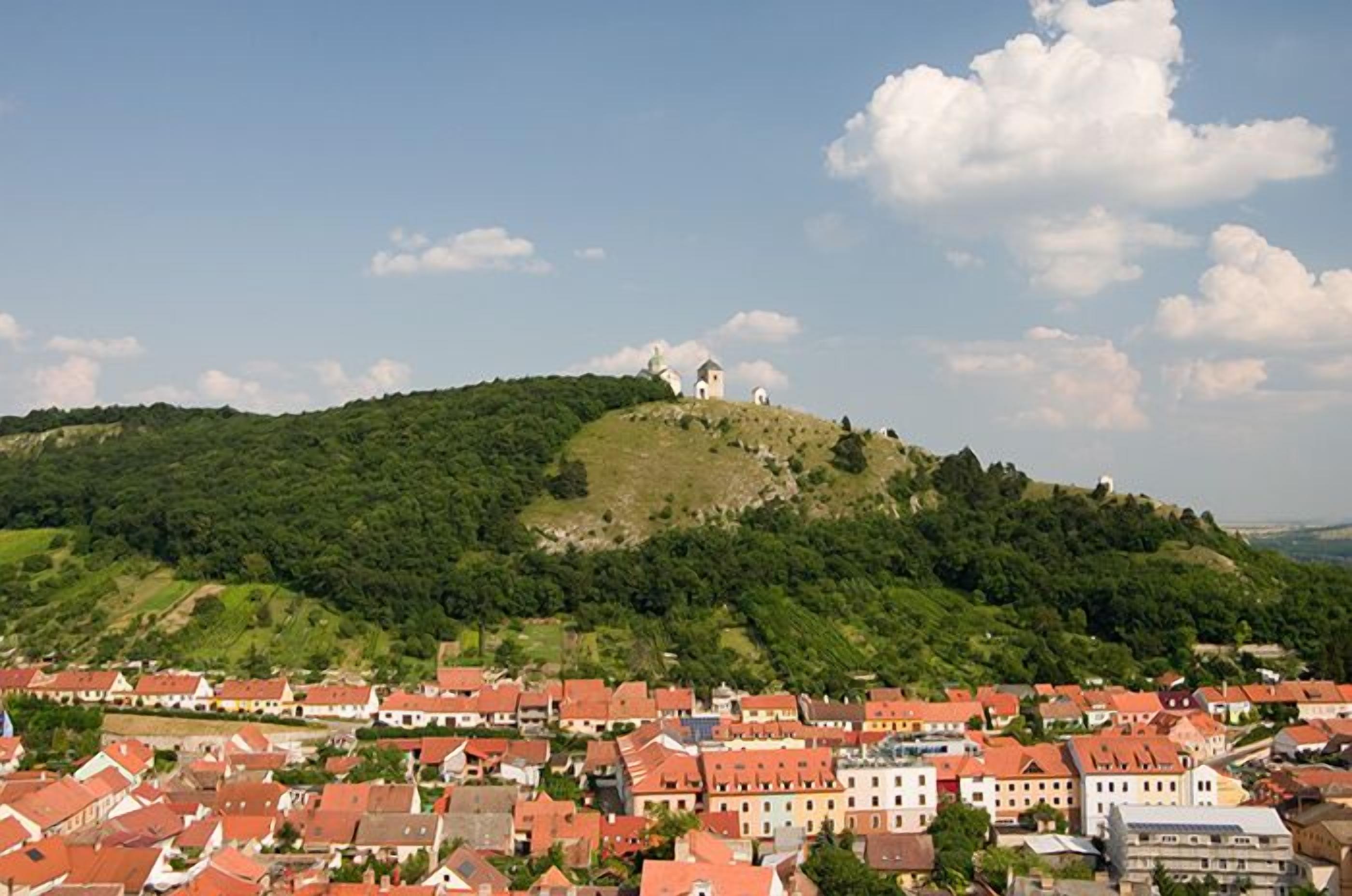 A town with red-roofed buildings and a hilltop with a church.